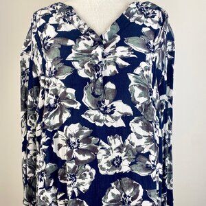 Monday Fun Kearney Henley Women Blouse Navy Blue Floral Print 3/4 Sleeve Size 2X